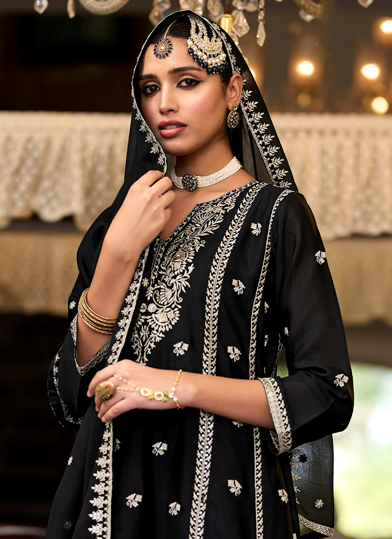 Designer Chinnon Black Embroidered Eid Style Salwar Suit